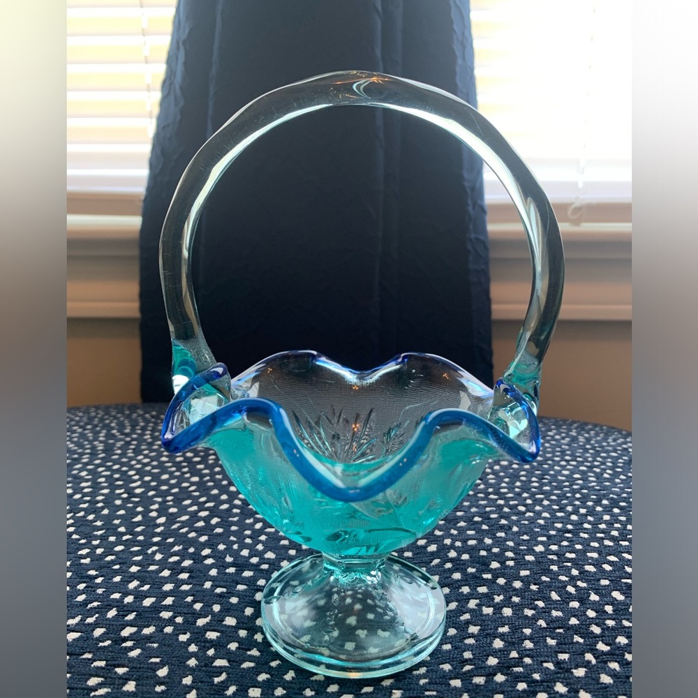 Fenton turquoise basket with blue rim